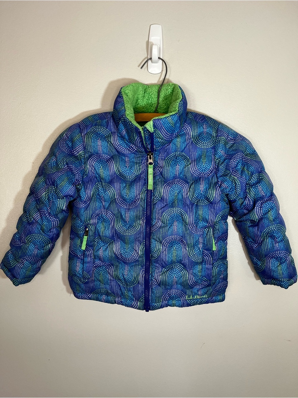 LL Bean Kids Blue & Green Quilted Down Puffer Jacket Winter Coat Girls 4